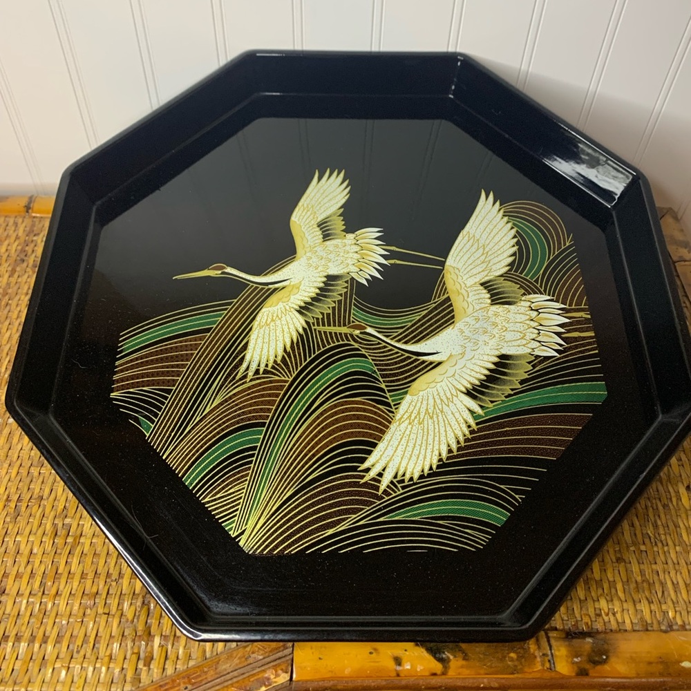 Vintage MCM Japanese Lacquerware Crane Toyo Tray Japan Hexagonal 1960’s Cranes
